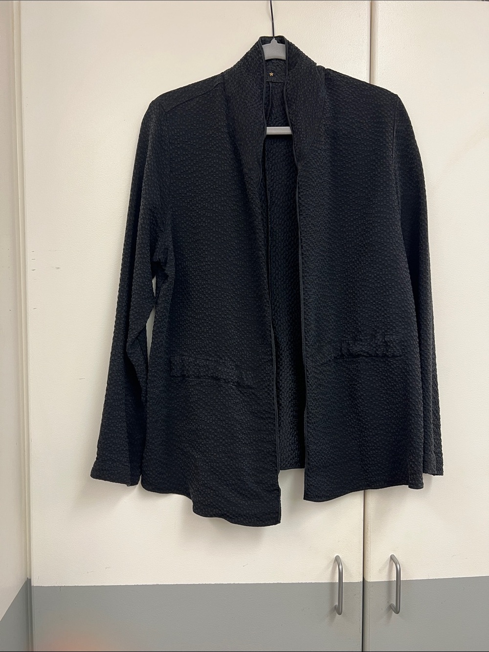 Black Open-Front Women's Textured Cardigan Sweater 100% Silk